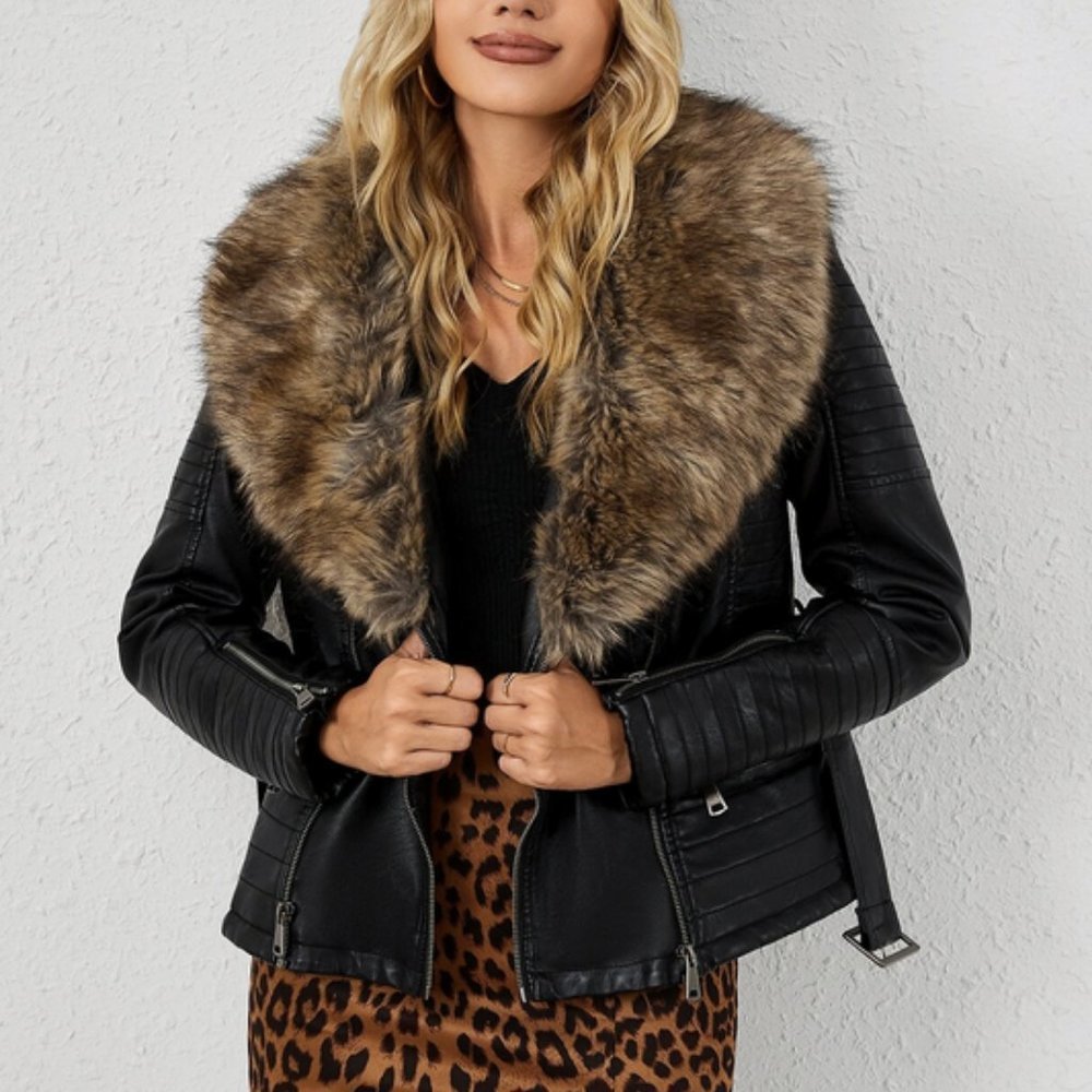 Brown Faux Fur Black Leather Belted Motorcycle Bomber Jacket Sherpa Winter Coat - Picture 3 of 6